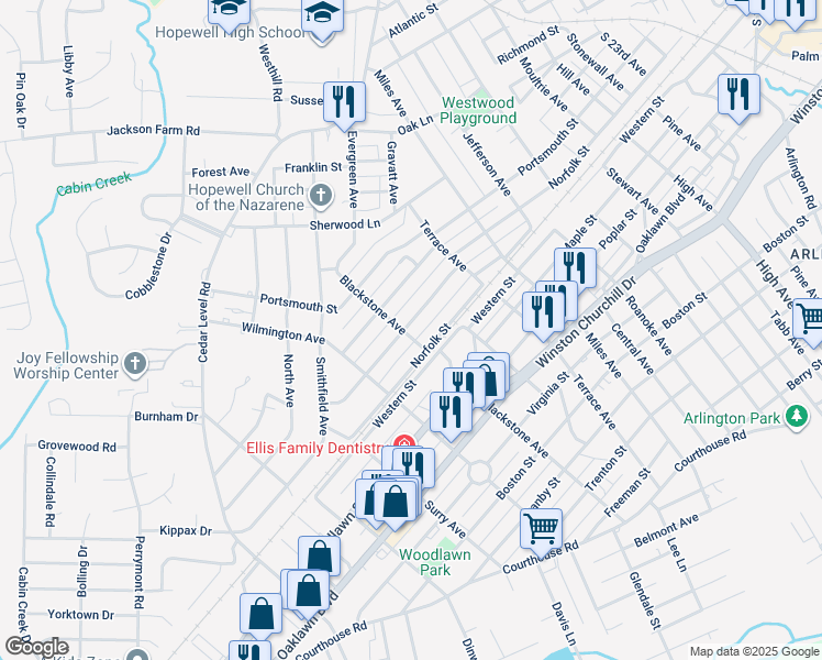 map of restaurants, bars, coffee shops, grocery stores, and more near 3214 Clay Street in Hopewell