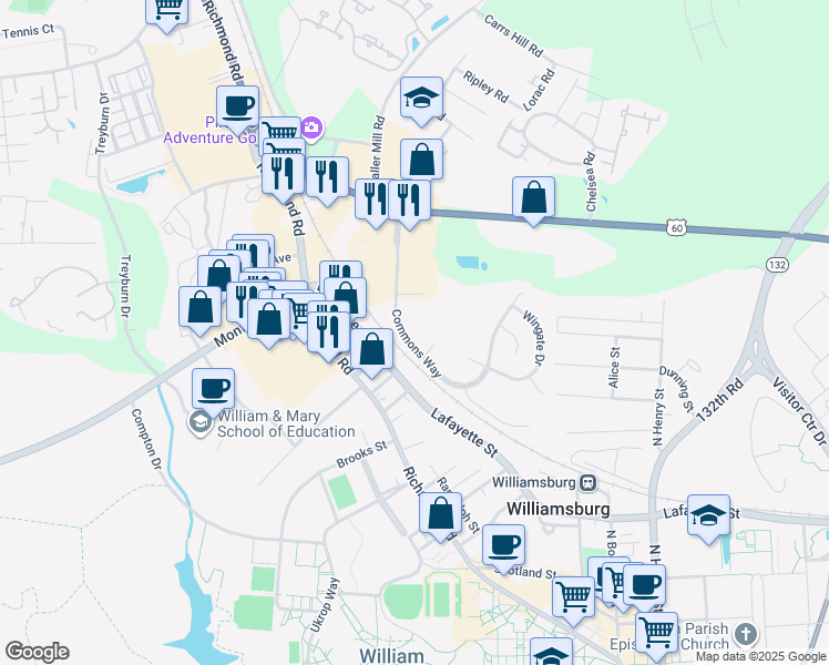 map of restaurants, bars, coffee shops, grocery stores, and more near 102 Stratford Drive in Williamsburg