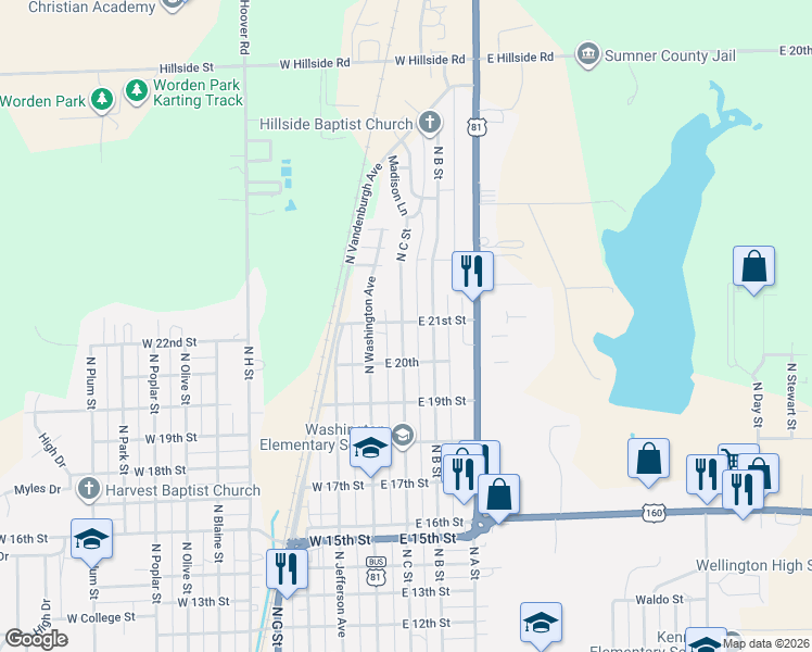 map of restaurants, bars, coffee shops, grocery stores, and more near 1526 North B Street in Wellington