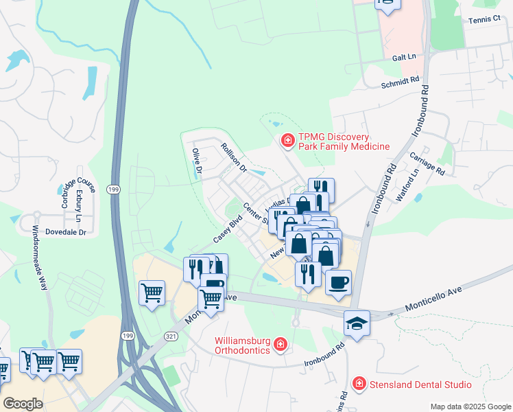 map of restaurants, bars, coffee shops, grocery stores, and more near 4313 Casey Boulevard in Williamsburg