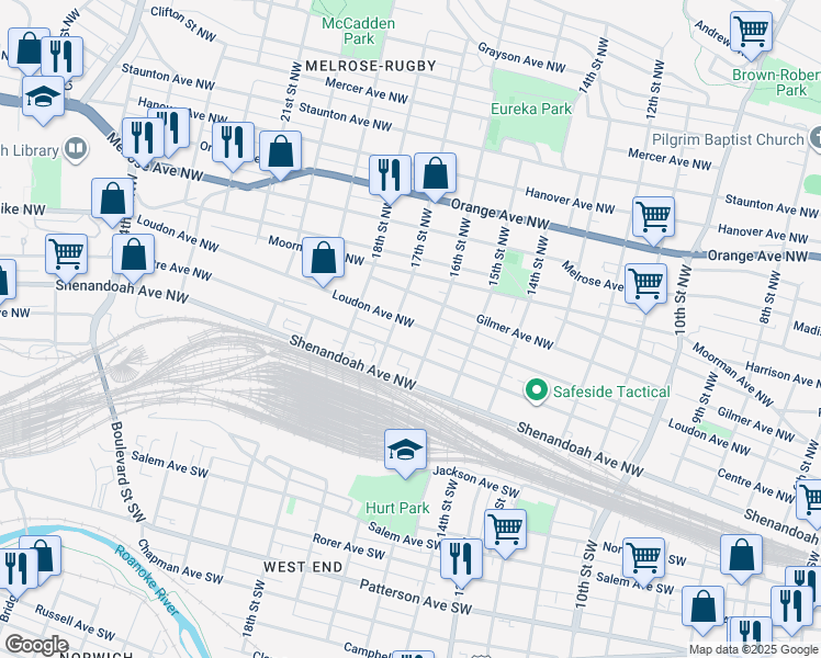 map of restaurants, bars, coffee shops, grocery stores, and more near 1618 Loudon Avenue Northwest in Roanoke