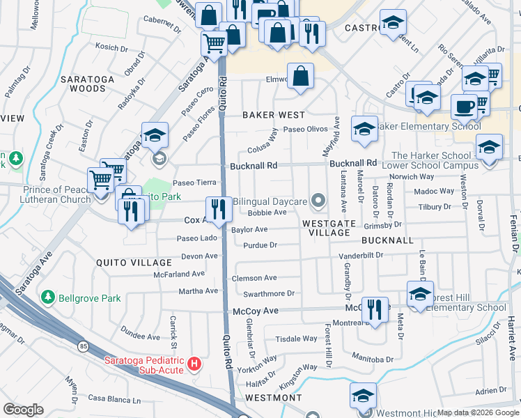 map of restaurants, bars, coffee shops, grocery stores, and more near 2248 Arleen Way in San Jose