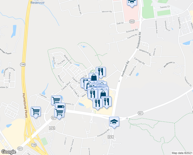 map of restaurants, bars, coffee shops, grocery stores, and more near 4319 Eleanors Way in Williamsburg