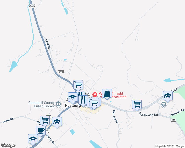 map of restaurants, bars, coffee shops, grocery stores, and more near 77 Red Bird Lane in Rustburg