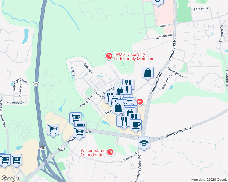 map of restaurants, bars, coffee shops, grocery stores, and more near 5602 Foundation Street in Williamsburg