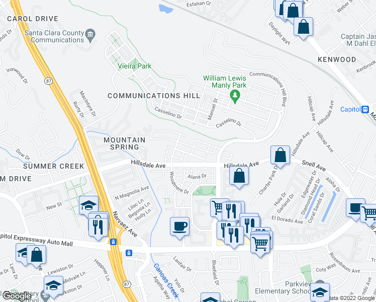 map of restaurants, bars, coffee shops, grocery stores, and more near 416 Tower Hill Avenue in San Jose