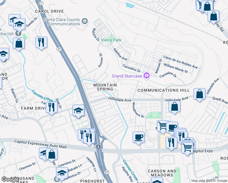 map of restaurants, bars, coffee shops, grocery stores, and more near 3164 Heather Ridge Drive in San Jose