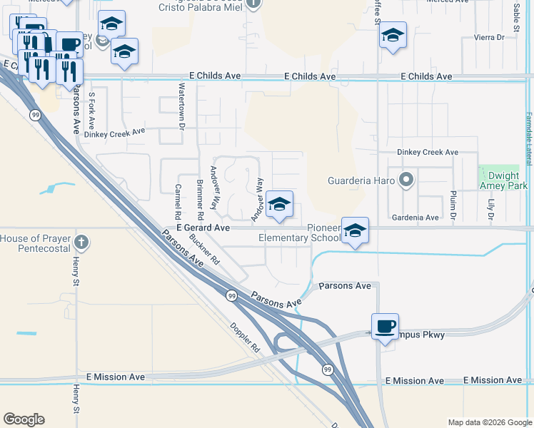 map of restaurants, bars, coffee shops, grocery stores, and more near 2643 Vega Court in Merced