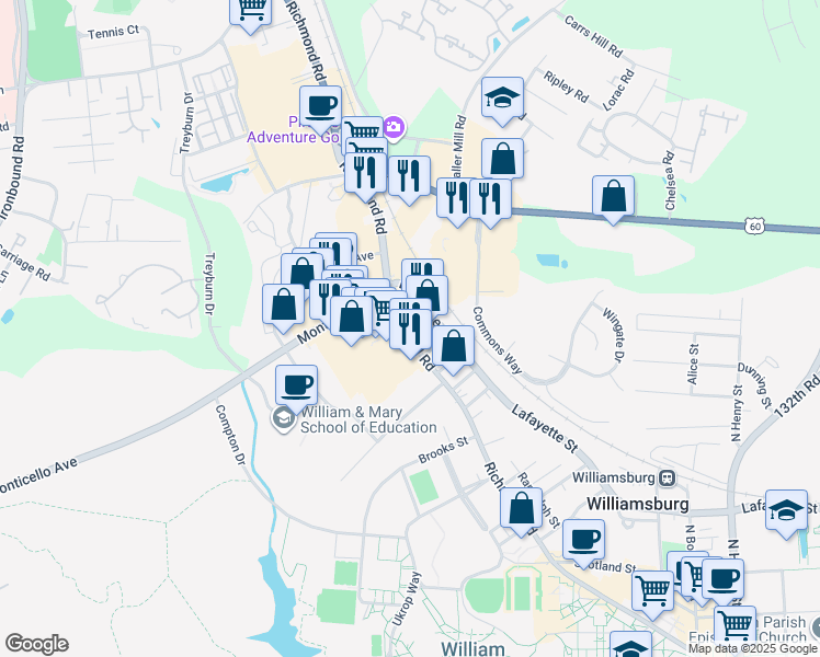 map of restaurants, bars, coffee shops, grocery stores, and more near 1205 Richmond Road in Williamsburg