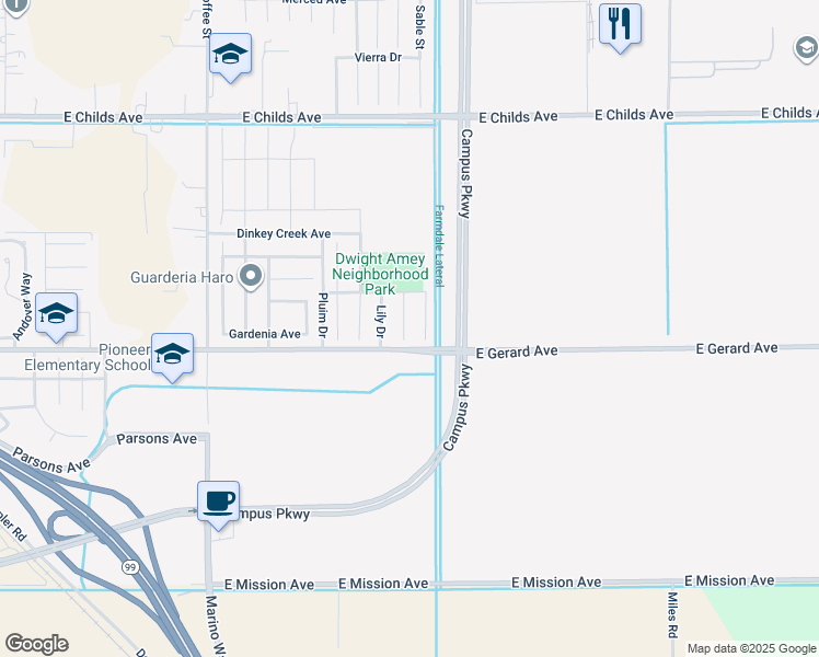 map of restaurants, bars, coffee shops, grocery stores, and more near 474 Hydrangea Court in Merced