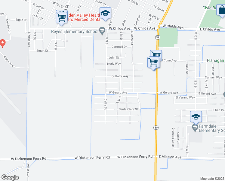 map of restaurants, bars, coffee shops, grocery stores, and more near 658 Amanda Court in Merced