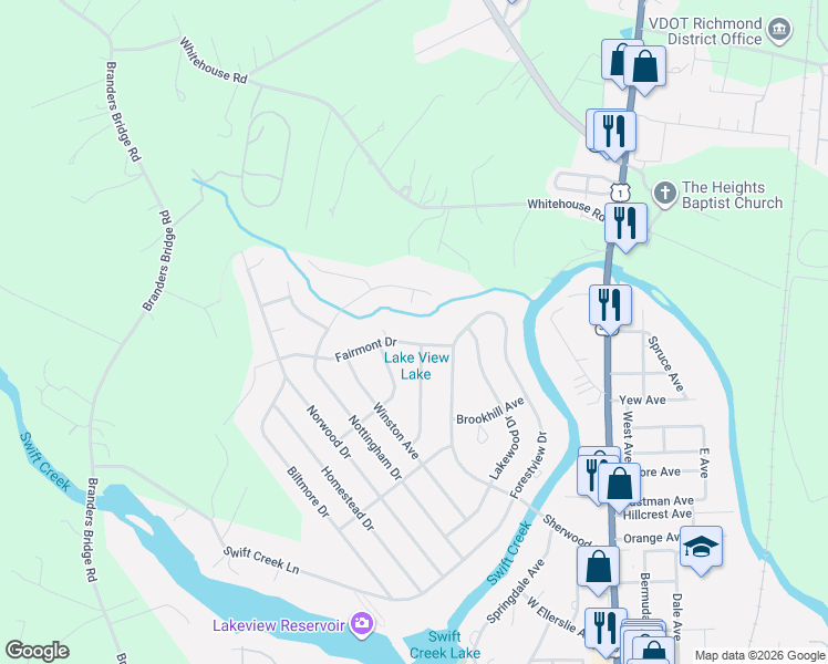 map of restaurants, bars, coffee shops, grocery stores, and more near 101 Fairmont Drive in Colonial Heights