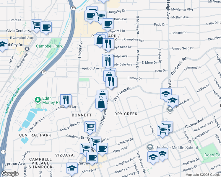 map of restaurants, bars, coffee shops, grocery stores, and more near 2350 South Bascom Avenue in Campbell