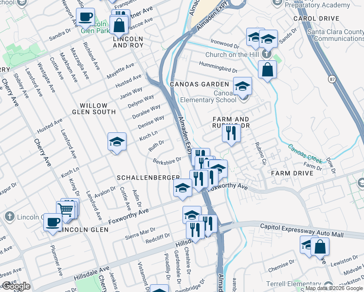 map of restaurants, bars, coffee shops, grocery stores, and more near 2742 Barbara Way in San Jose