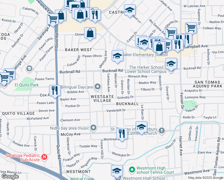 map of restaurants, bars, coffee shops, grocery stores, and more near 2257 Maroel Drive in San Jose