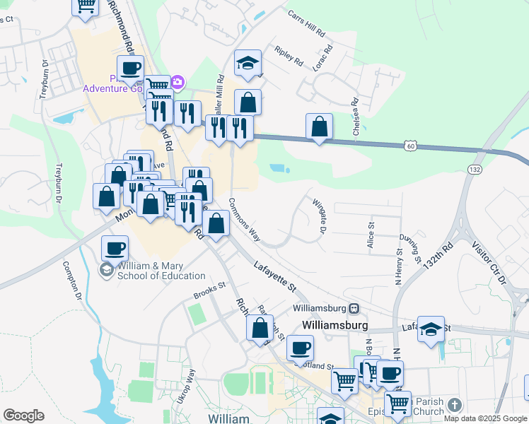 map of restaurants, bars, coffee shops, grocery stores, and more near 101 Windsor Lane in Williamsburg