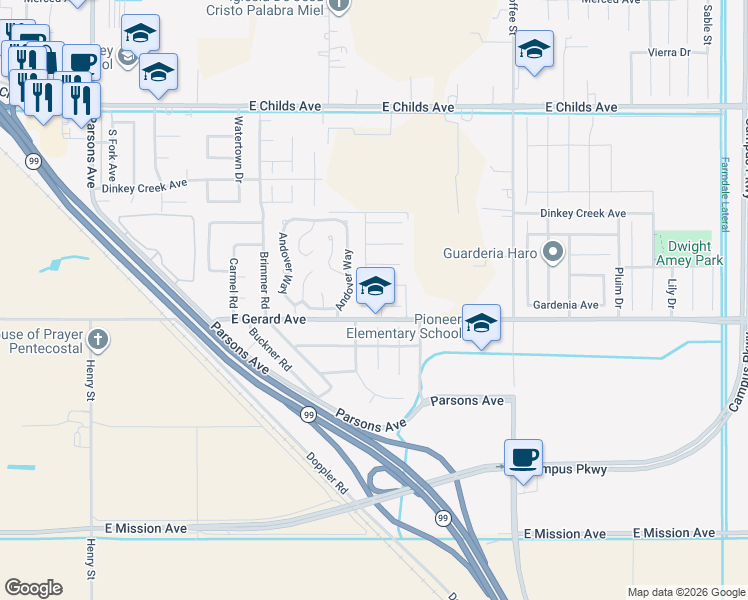 map of restaurants, bars, coffee shops, grocery stores, and more near 2643 Vega Court in Merced