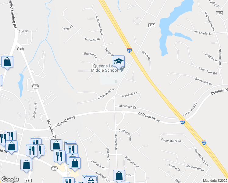map of restaurants, bars, coffee shops, grocery stores, and more near 101 Royal Grant Drive in Williamsburg