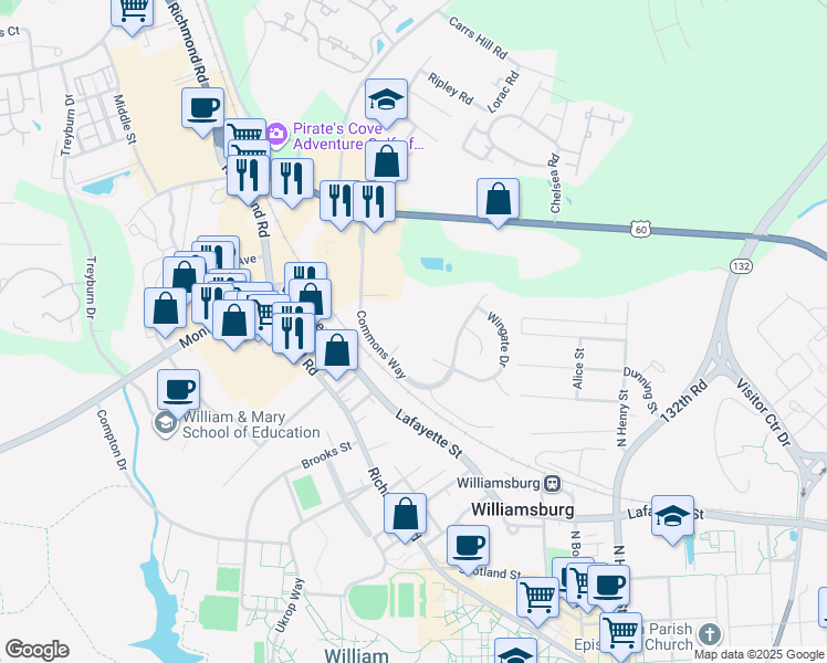 map of restaurants, bars, coffee shops, grocery stores, and more near 101 Windsor Lane in Williamsburg