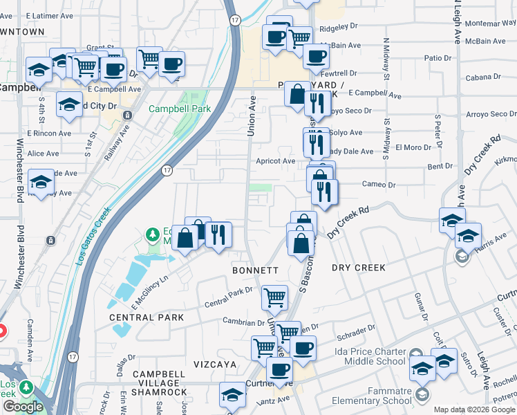 map of restaurants, bars, coffee shops, grocery stores, and more near 374 Union Avenue in Campbell