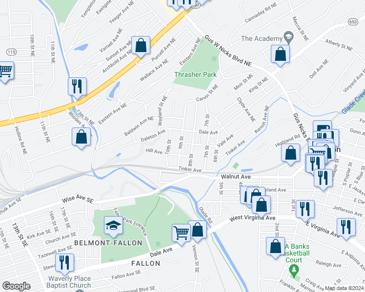 map of restaurants, bars, coffee shops, grocery stores, and more near 220 9th Street in Vinton