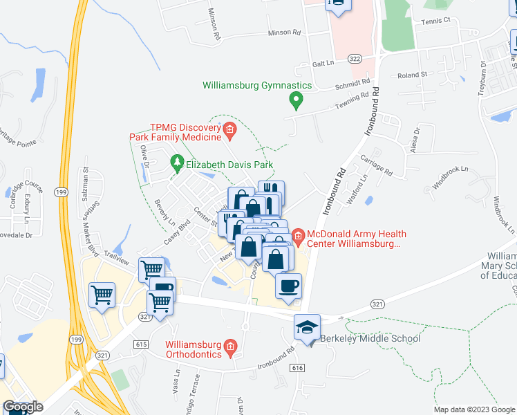 map of restaurants, bars, coffee shops, grocery stores, and more near 4315 Eleanors Way in Williamsburg