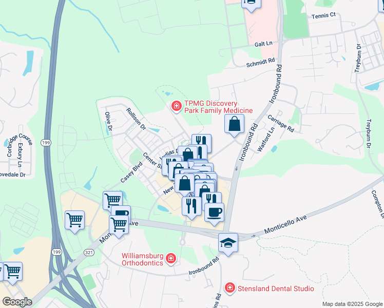 map of restaurants, bars, coffee shops, grocery stores, and more near 4315 Eleanors Way in Williamsburg