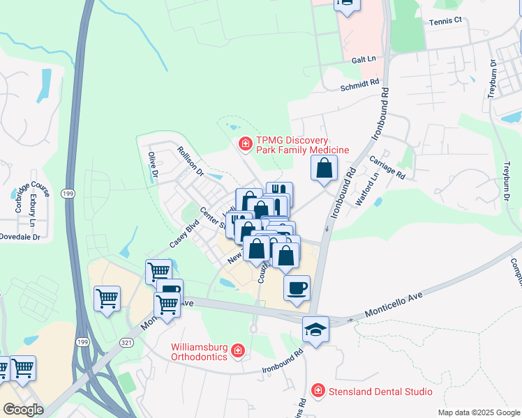 map of restaurants, bars, coffee shops, grocery stores, and more near 4319 Eleanors Way in Williamsburg