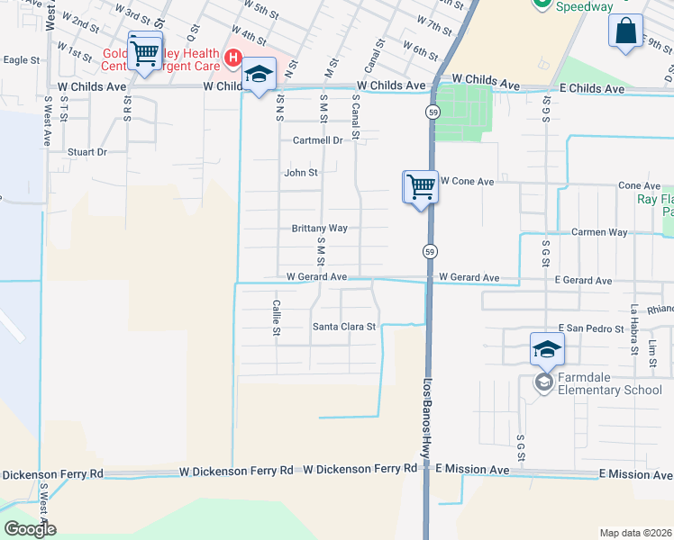 map of restaurants, bars, coffee shops, grocery stores, and more near 562 Janell Court in Merced