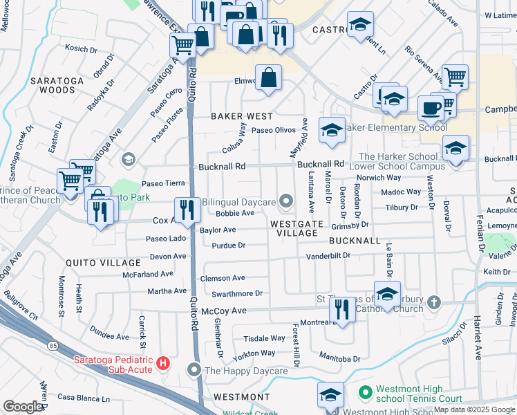 map of restaurants, bars, coffee shops, grocery stores, and more near 5094 Bobbie Avenue in San Jose