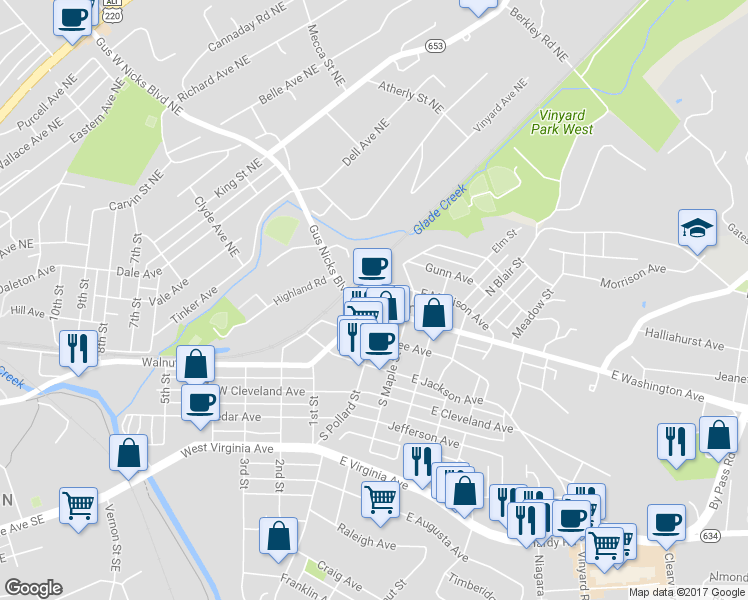 map of restaurants, bars, coffee shops, grocery stores, and more near 104 Gus Nicks Boulevard in Vinton