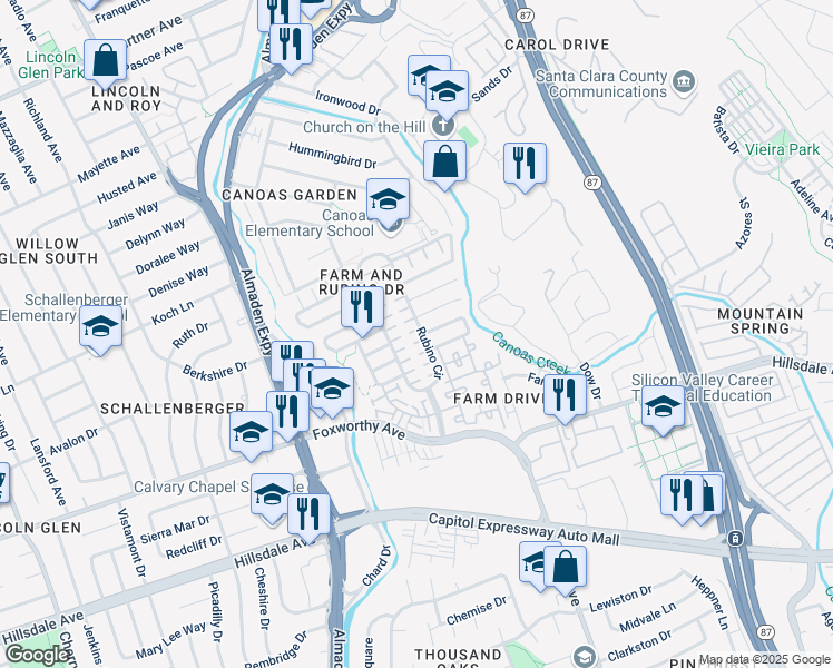 map of restaurants, bars, coffee shops, grocery stores, and more near 2813 Rubino Circle in San Jose