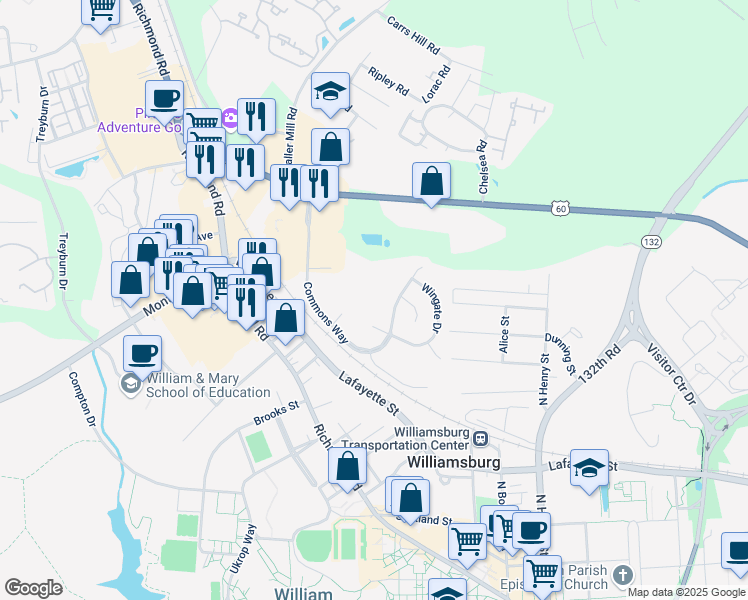 map of restaurants, bars, coffee shops, grocery stores, and more near 104 Marshall Way in Williamsburg