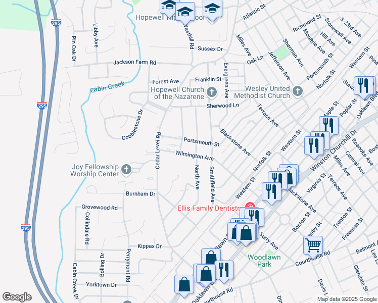 map of restaurants, bars, coffee shops, grocery stores, and more near 3503 Wilmington Avenue in Hopewell