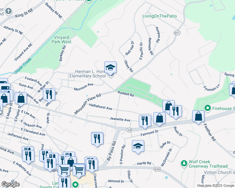 map of restaurants, bars, coffee shops, grocery stores, and more near 316 North Preston Road in Vinton