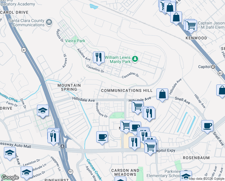 map of restaurants, bars, coffee shops, grocery stores, and more near 342 Marble Arch Avenue in San Jose