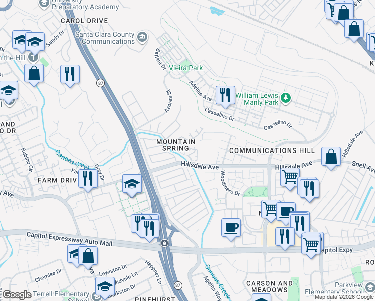 map of restaurants, bars, coffee shops, grocery stores, and more near 3164 Heather Ridge Drive in San Jose