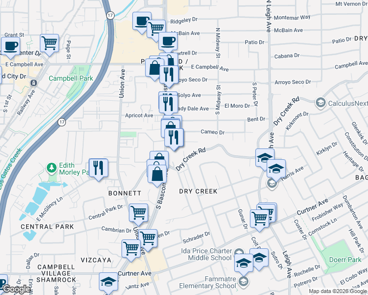 map of restaurants, bars, coffee shops, grocery stores, and more near 2267 Dry Creek Court in San Jose