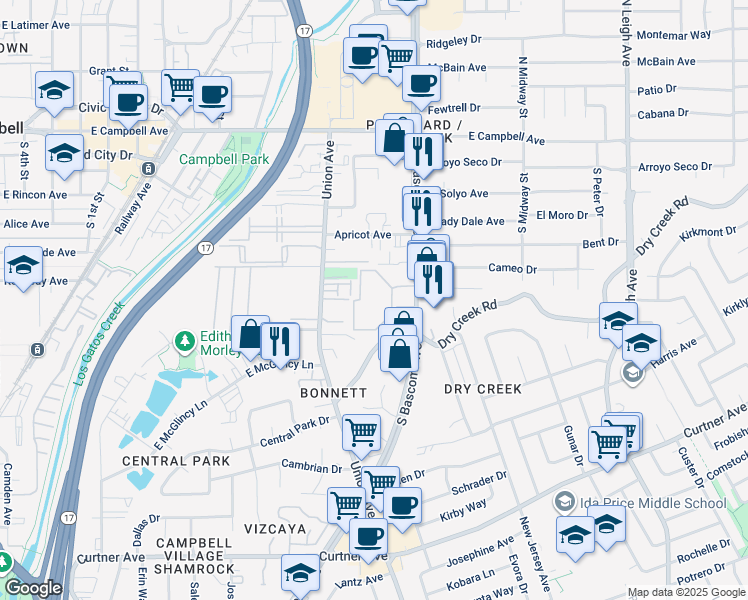 map of restaurants, bars, coffee shops, grocery stores, and more near 2275 South Bascom Avenue in Campbell