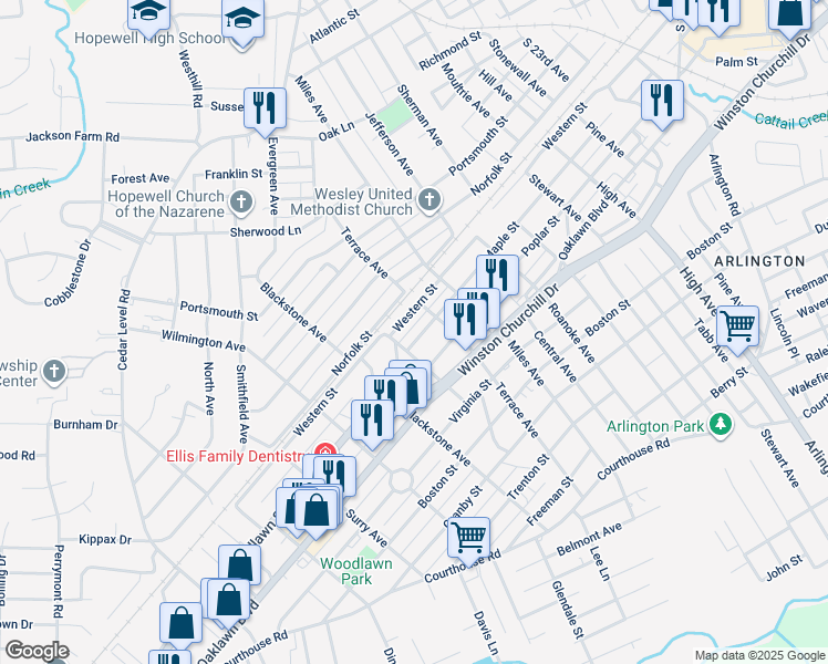 map of restaurants, bars, coffee shops, grocery stores, and more near 3110 Western Street in Hopewell