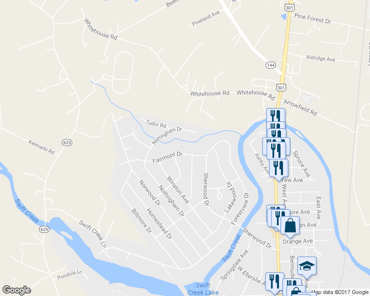 map of restaurants, bars, coffee shops, grocery stores, and more near 101 Fairmont Drive in Colonial Heights