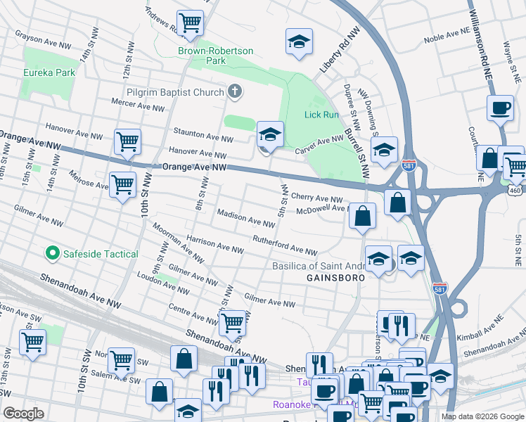 map of restaurants, bars, coffee shops, grocery stores, and more near 506 McDowell Avenue Northwest in Roanoke