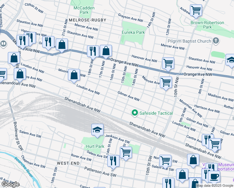 map of restaurants, bars, coffee shops, grocery stores, and more near 1515 Loudon Avenue Northwest in Roanoke
