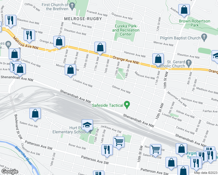 map of restaurants, bars, coffee shops, grocery stores, and more near 1515 Loudon Avenue Northwest in Roanoke
