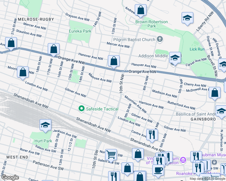 map of restaurants, bars, coffee shops, grocery stores, and more near 601 11th Street Northwest in Roanoke