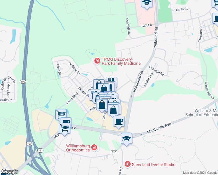 map of restaurants, bars, coffee shops, grocery stores, and more near 5345 Discovery Park Boulevard in Williamsburg
