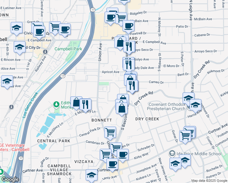 map of restaurants, bars, coffee shops, grocery stores, and more near 2275 South Bascom Avenue in Campbell
