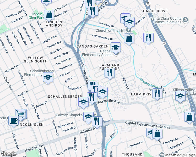 map of restaurants, bars, coffee shops, grocery stores, and more near 936 Sunbonnet Loop in San Jose