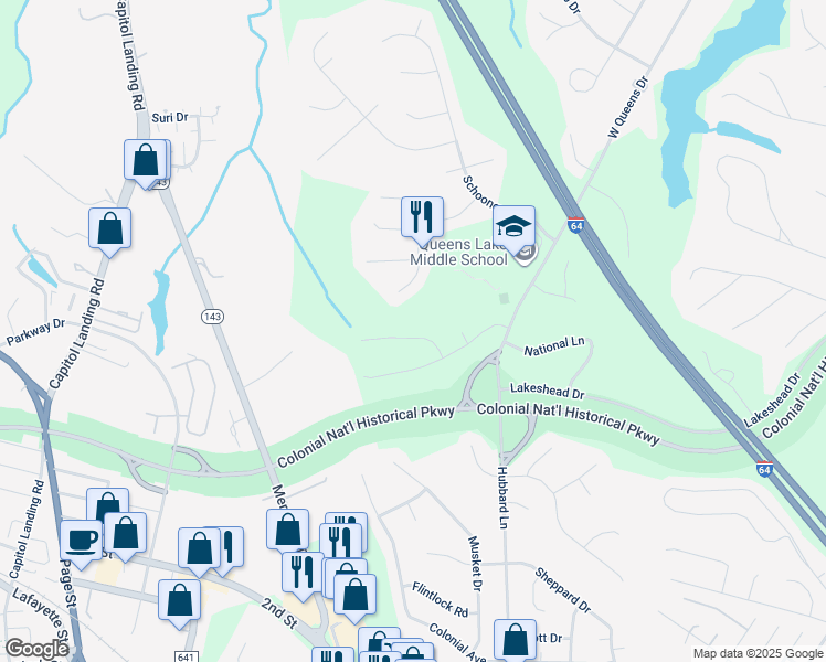 map of restaurants, bars, coffee shops, grocery stores, and more near 106 Queen Anne Drive in Williamsburg