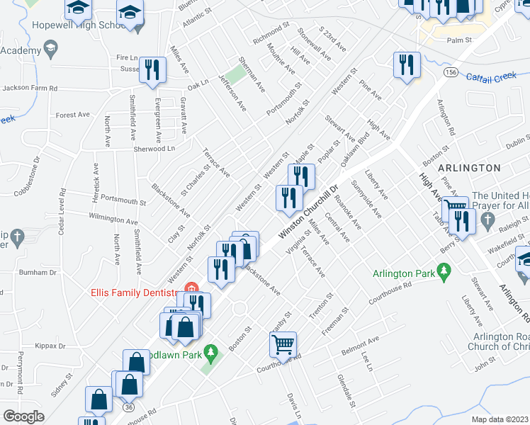 map of restaurants, bars, coffee shops, grocery stores, and more near 804 Terrace Avenue in Hopewell